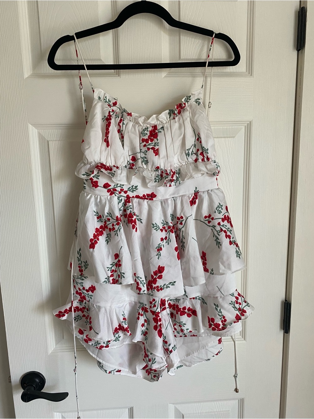 Floral White Ruffle Romper with Red Berry Print